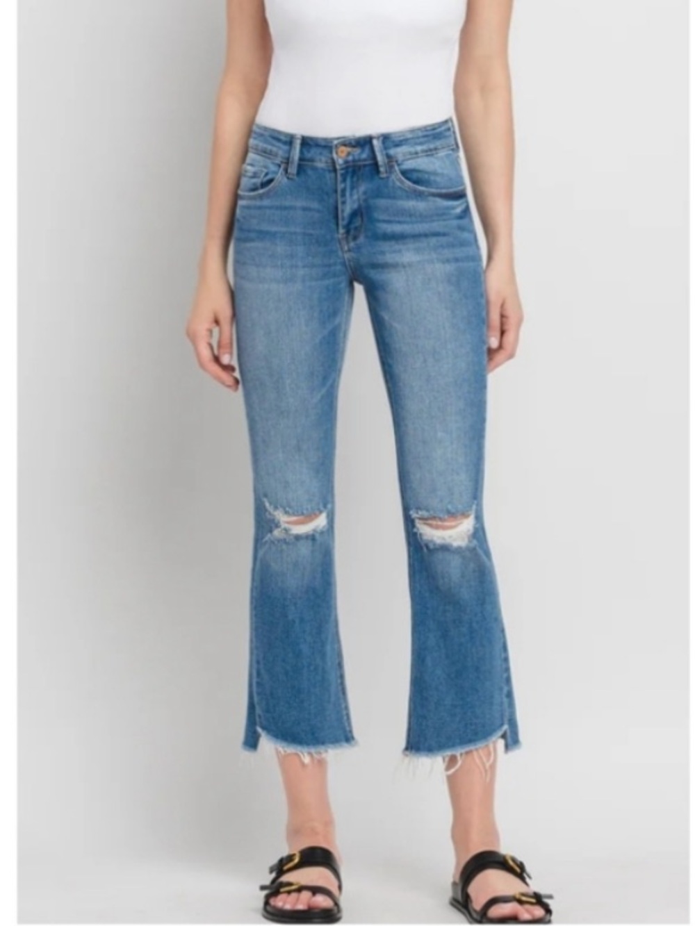 Vervet Kick Flare Cropped Stretch Denim Blue Jeans Raw Step Hem Distress Size 31